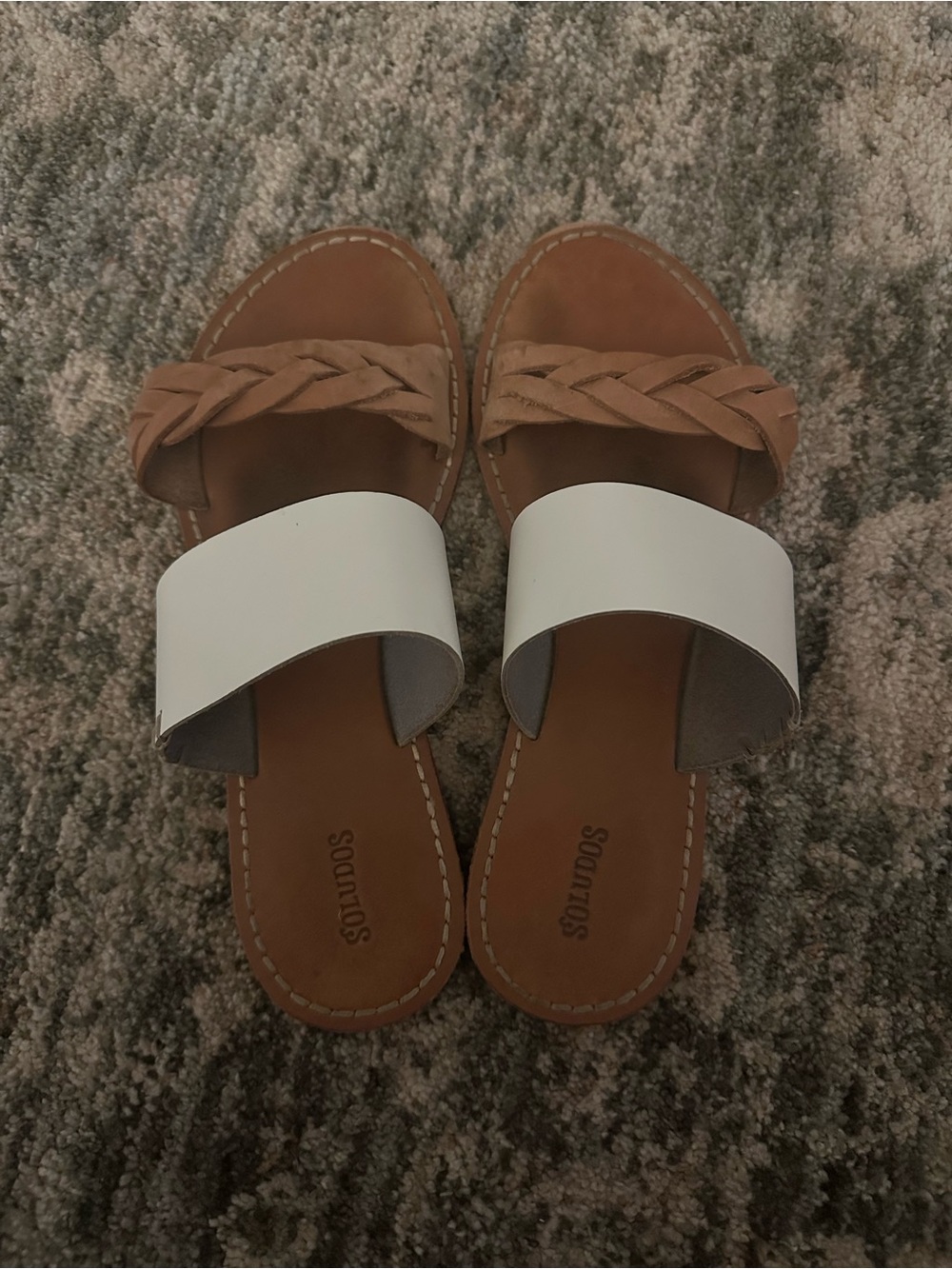 Soludos White and Tan Braided Two-Band Slide Sandals
